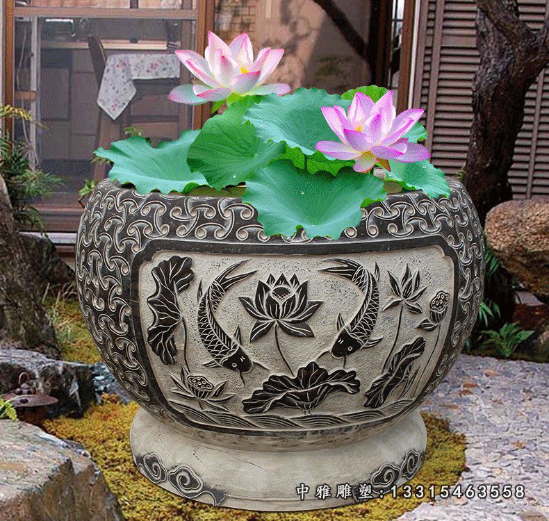 鲤鱼荷花浮雕鱼缸，庭院景观石浮雕