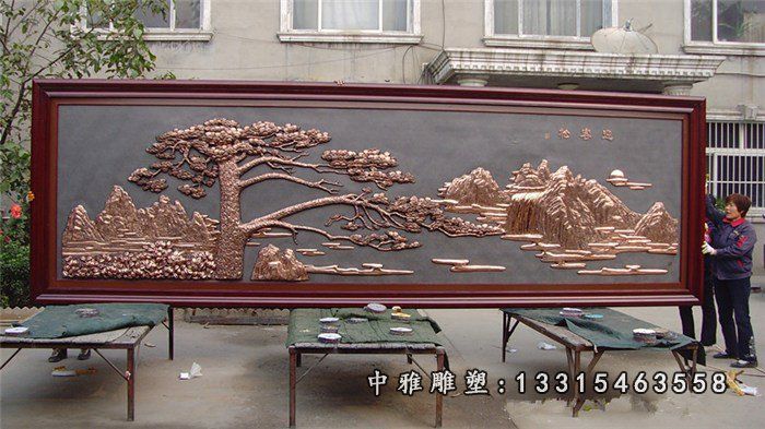 迎客松铜浮雕，企业门口背景铜浮雕