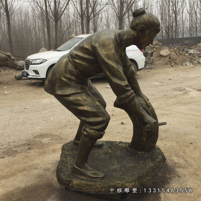 割稻子的古代人物铜雕，农耕文化雕塑 (3)