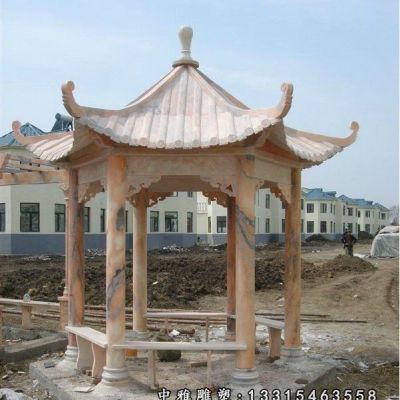 晚霞红石雕凉亭