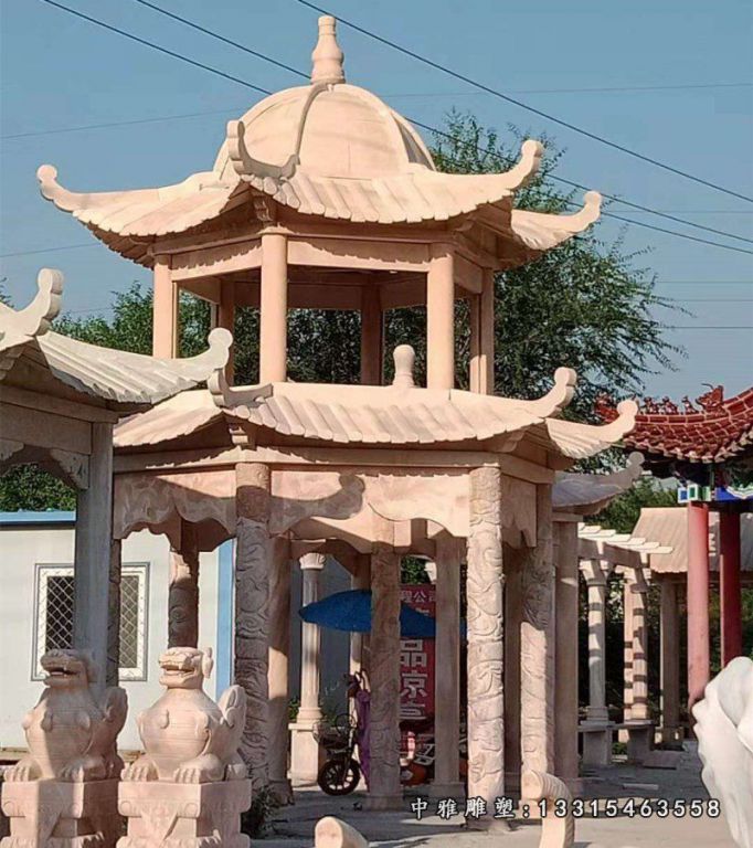 晚霞红石雕景观凉亭