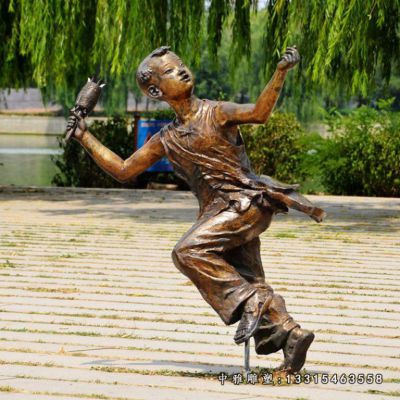 铜雕户外放风筝儿童