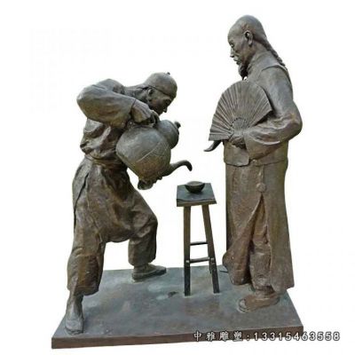 铜雕饭店店小二倒茶雕塑