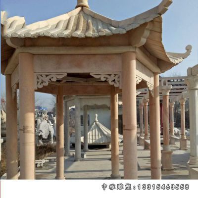 晚霞红石雕凉亭