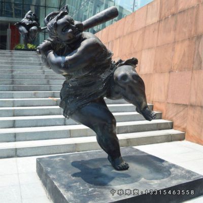 打棒球胖女孩铜雕