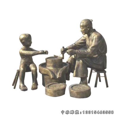 民俗铜雕磨豆子人物