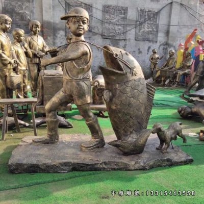 铜雕广场捕鱼人物