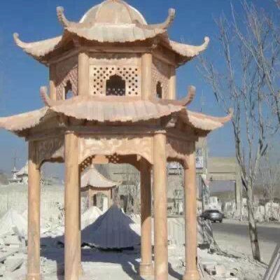 园林石雕晚霞红凉亭