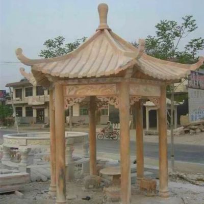 公园晚霞红石雕凉亭