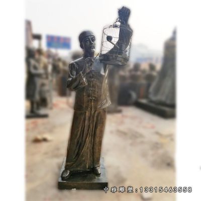 园林铜雕遛鸟人物