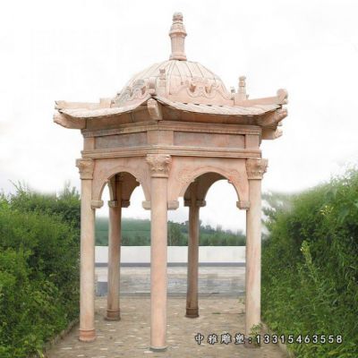 石雕公园晚霞红凉亭