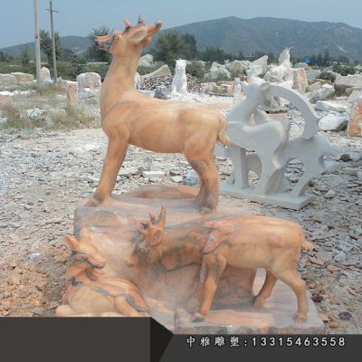 石雕晚霞红小鹿