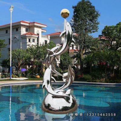 不锈钢顶球海豚雕塑