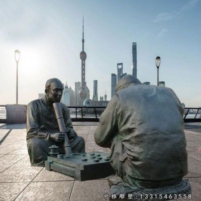 小品铜雕下棋人物