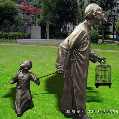 园林铜雕遛鸟人物